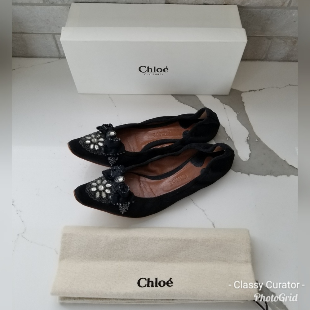CHLOE black satin jewel point toe ballet flats
